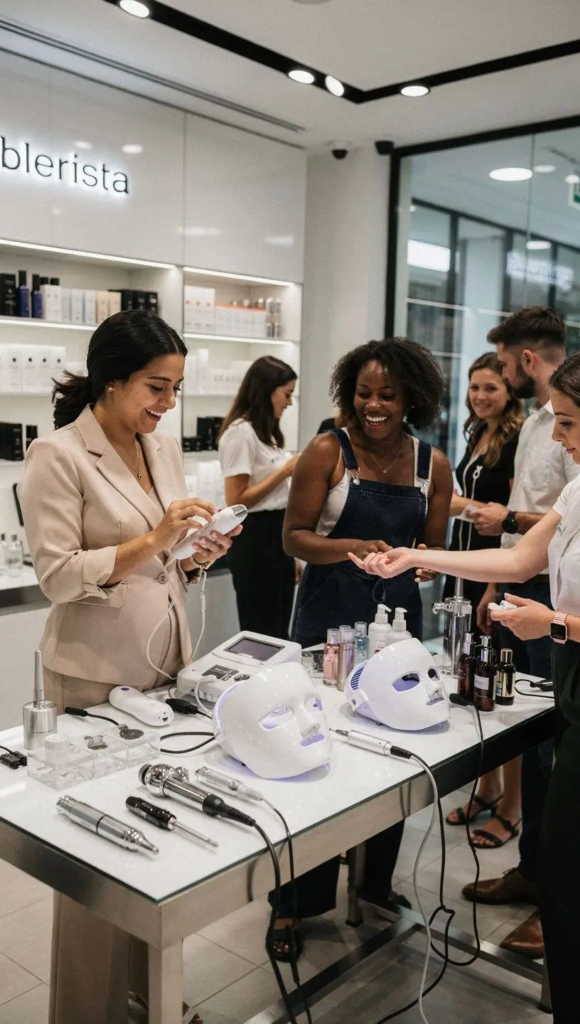 Spotkanie zespołu wsparcia marketingowego omawiającego strategie promocji lokalnej dla salonów kosmetycznych.